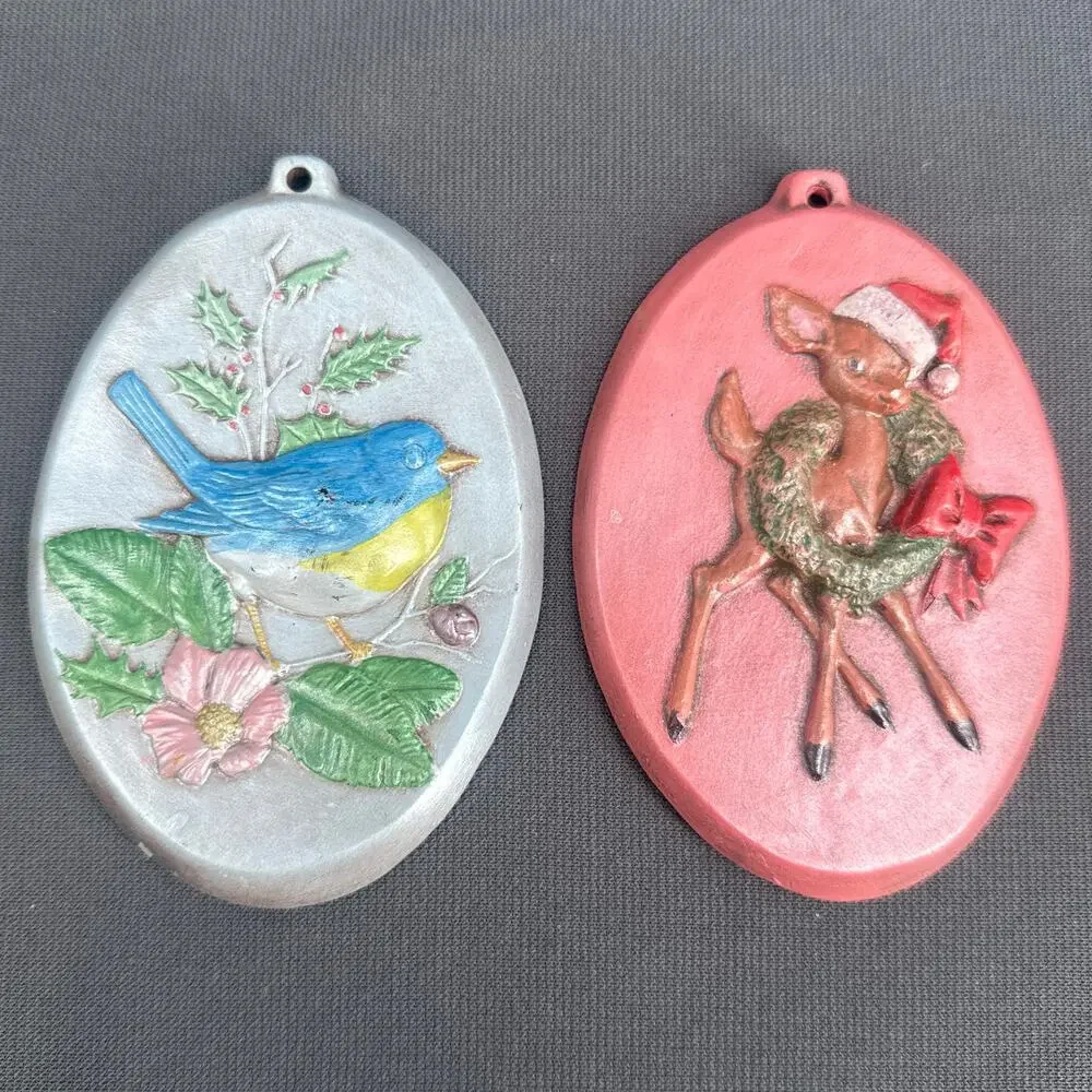 VTG Hand Painted Christmas Ornaments Lot of 6 Kitschy Holiday Mouse Deer Bird US